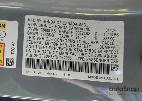 2024 Honda Civic Sport из США, поврежденный, VIN 2HGFE2F5XRH542985